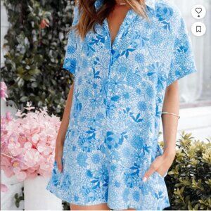 Petal & Pup Blue Floral Relaxed Fit Retro Vibes Oversized Romper Pockets Small